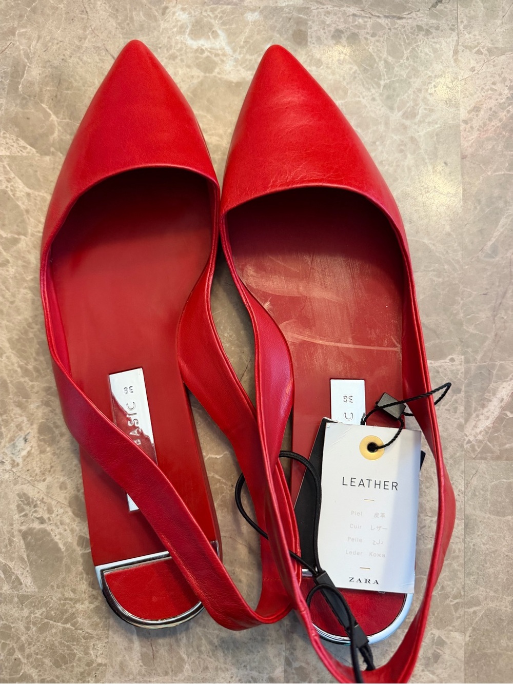 Zara Red Pointed-Toe Leather Slingback Flats